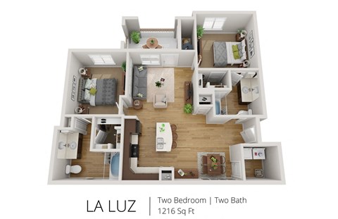 Floor plan for 2 beds, 2 baths, 1216 sqft